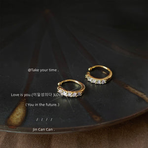 Gold Tone Clear Stone Fine Round Huggie Hoop Earrings