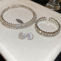 Double Row Rhinestone Necklace Cuff Bracelet Earring Set view 7