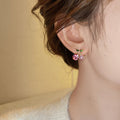 Pink Crystal Cherry Stud Earrings With Green Leaves view 3
