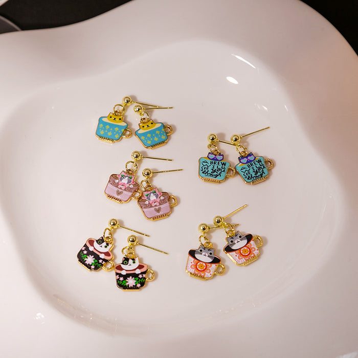 Four Cartoon Cat and Cup Gold Tone Dangle Earrings