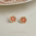 Gold Enamel Chinese Flower Coral Sage Stud Earrings view 6