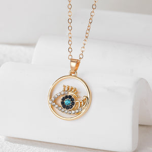 Evil Eye Pendant Necklace With Eyelashes and Rhinestones, Gold-Tone or Silver-Tone