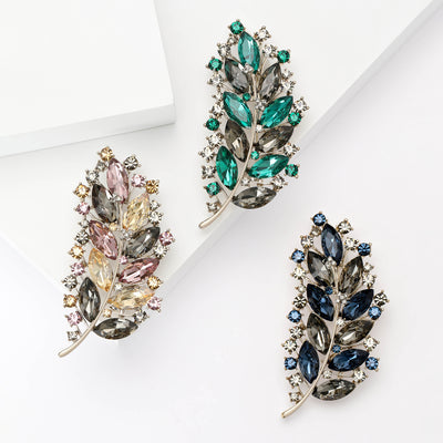 layered crystal leaf branch brooch group view