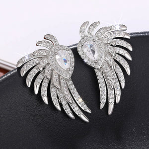 Silver-Tone Angel Wing Stud Earrings with a Teardrop Clear Stone