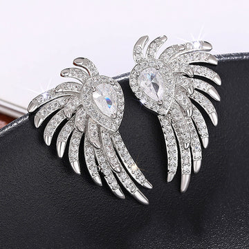 Silver-Tone Wing Stud Earrings with Clear Stones with Clear Stone Details