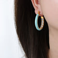 Gold Enamel Hoop Earrings Inner Rhinestone Line Five Colors view 8