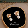 Gold Camellia Pearl Drop Pavé Flower Stud Earrings view 1