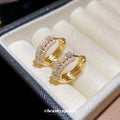 Gold Tone Crystal Rows and Pearl Huggie Earrings Decorative Jewelry Pair view 2