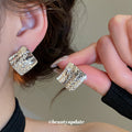 Textured Square Stud Earrings in Gold and Silver Tones view 4