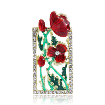 Red Enamel Poppy Brooch Crystal Rectangle Frame Gold