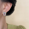 Silver-Tone Iridescent Rectangle Halo CZ Stud Earrings view 2