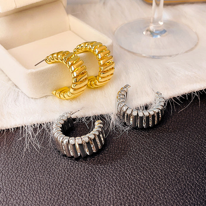Gold and Silver Open Coil C Hoop Textured Stud Earrings