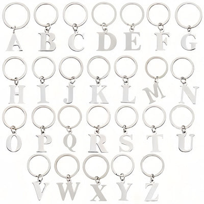 Full set of silver stainless steel alphabet letter keychains from A to Z on split rings