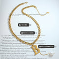 Letter B Cuban Chain Pearl Drop Necklace Gold Steel Tone view 2