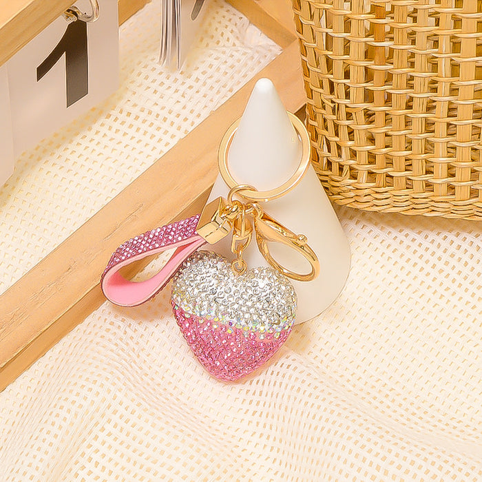 Two Tone Rhinestone Heart Keychain Pink Crystal Charm