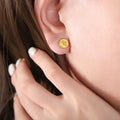 Gold Round Moon Star Embossed Mini Disc Stud Earrings view 3