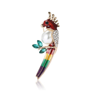 Rainbow Parrot Brooch with Pearl Body and Long Tail, Alloy