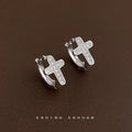 Silver Crystal Cross Huggie Hoop Earrings Pave Set view 3