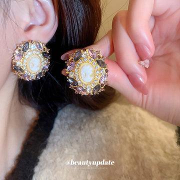 Vintage Style Cameo Crystal Cluster Stud Earrings Statement Jewelry
