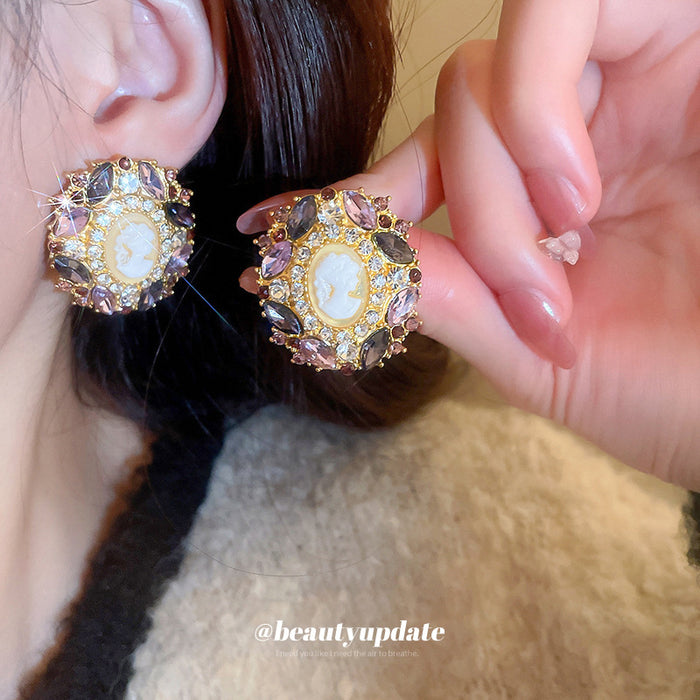 Vintage Style Cameo Crystal Cluster Stud Earrings Statement Jewelry