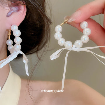 Faux Pearl Hoop Stud Earrings With White Ribbon Bows