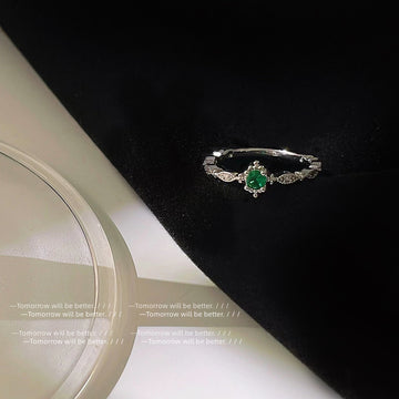 Silver Twisted Band Ring Green Oval Zircon Center Stone