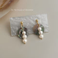 Gold Tone Iridescent Shell Disc And Triple White Pearl Stud Earrings view 4
