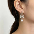 Silver Bow Crystal Look Bar and Pearl Drop Stud Earrings view 2