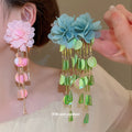 Chiffon Flower And Sequin Long Tassel Stud Earrings view 2