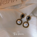 Antique Gold Black Stone Oval And Pearl Drop Earrings view 3