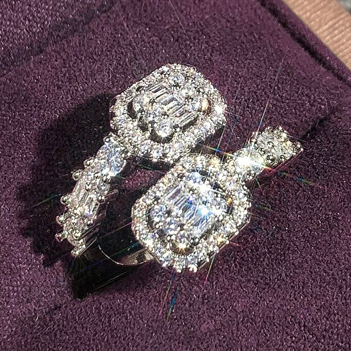Silver Tone Double Square Halo Adjustable Open Ring