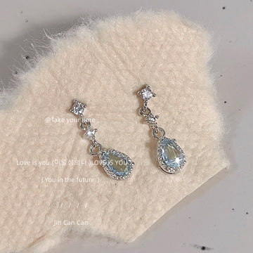 Silver Tone Clear Stone Chain And Pale Blue Teardrop Stud Earrings