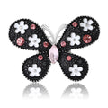 Floral Butterfly Brooch in Metal with Black Enamel Wings Dotted with Small Flowers view 1
