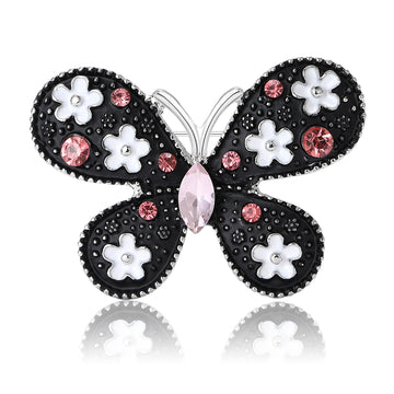Floral Butterfly Brooch in Metal with Black Enamel Wings Dotted with Small Flowers