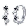 Silver Tone Black Enamel Cat Paw Print Huggie Hoop Earrings view 1