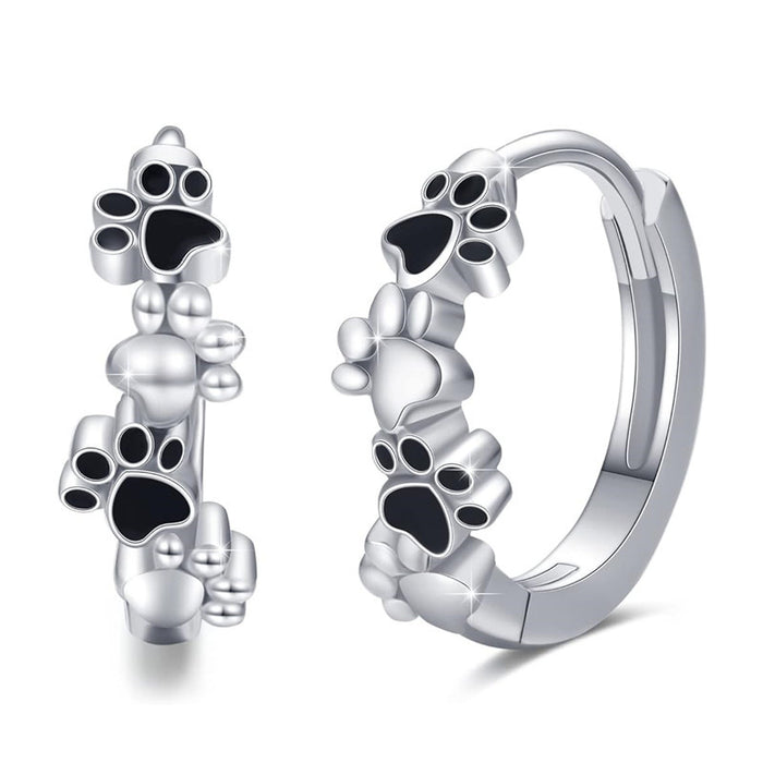 Silver Tone Black Enamel Cat Paw Print Huggie Hoop Earrings