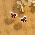 White Heart Red Bow Pearl Look Delicate Stud Earrings view 2