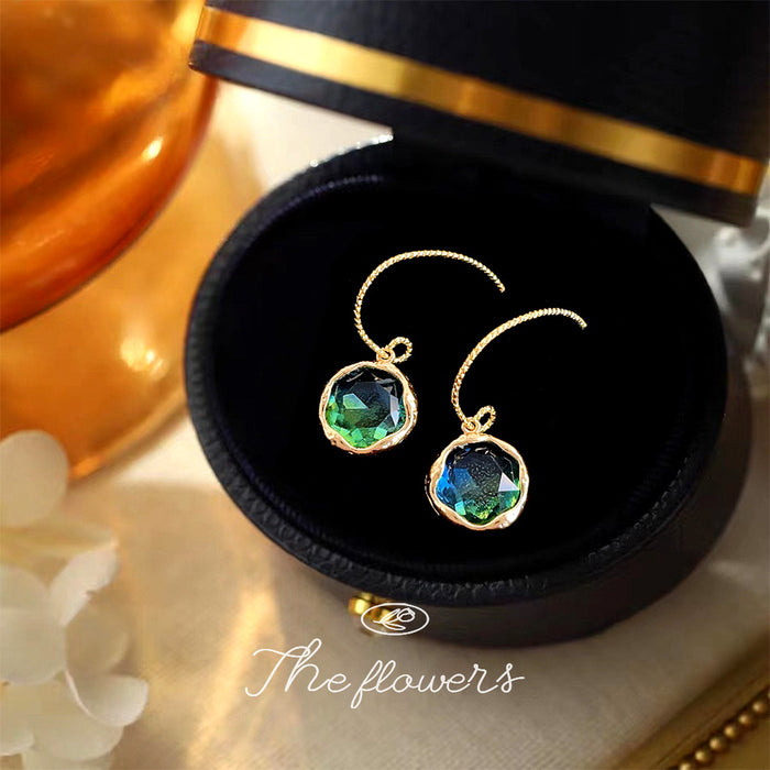Gold Curved Hook Blue Green Gradient Glass Drop Earrings
