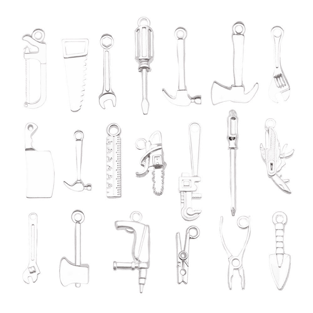Bright Silver Zinc Alloy Hammer Saw Ruler Tool Charm Pendant for DIY Keychain Jewelry