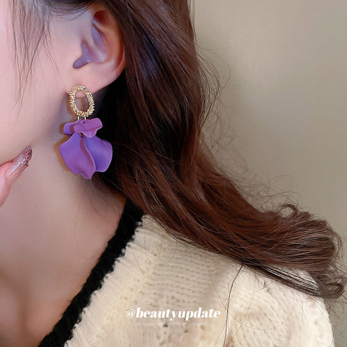 Detail view 2 of layered petal drop earrings in six colors statement jewelry