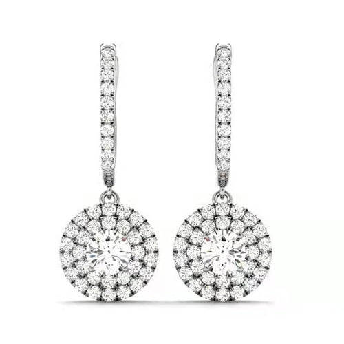 Pavé Round Drop Huggie Hoop Earrings in Silver Tone, alternate angle.