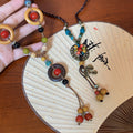 Multicolor Ceramic Bead Ring And Leaf Pendant Necklace view 2