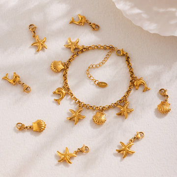 Gold Ocean Charm Bracelet Starfish Dolphin Shell Components
