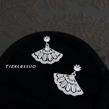 Silver Tone Clear Stone Fan Drop Stud Earrings For Women