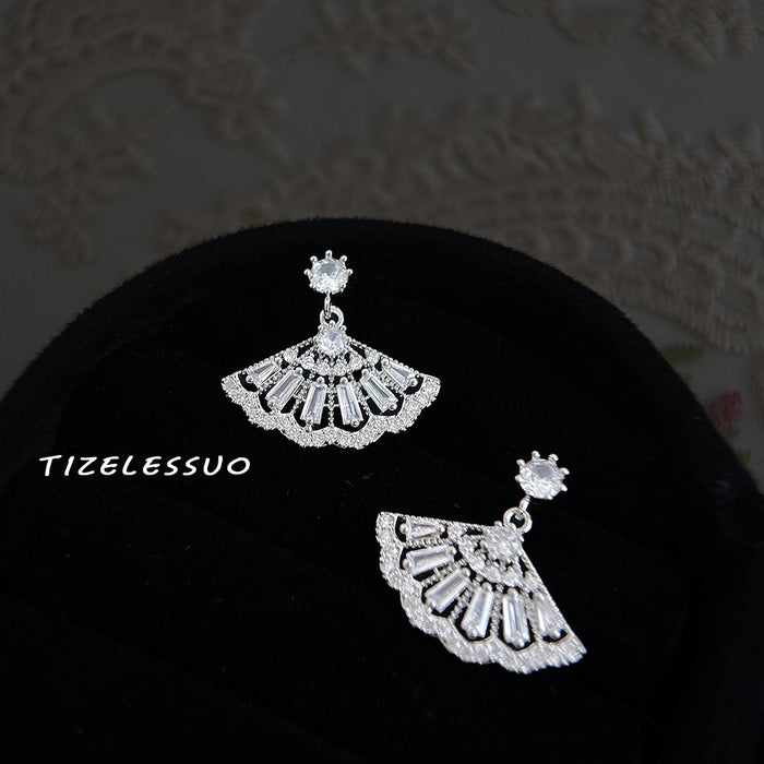 Silver Tone Clear Stone Fan Drop Stud Earrings For Women