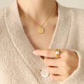 Textured Disc Pendant Faux Pearl Accent Necklace Gold Or Steel view 6