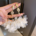 White Petal Cluster Gold Hook Earrings Polished Metal Jewelry view 1