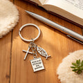Silver Tone Cross Fish Leaf and Scripture Tag Keychain view 4