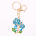 Rhinestone Rose Branch Keychain Gold Tone Three Flower Colors view 5