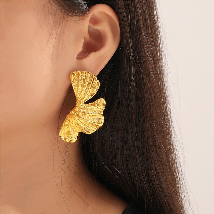 Textured Ginkgo Leaf Stud Earrings Gold and Steel Finish